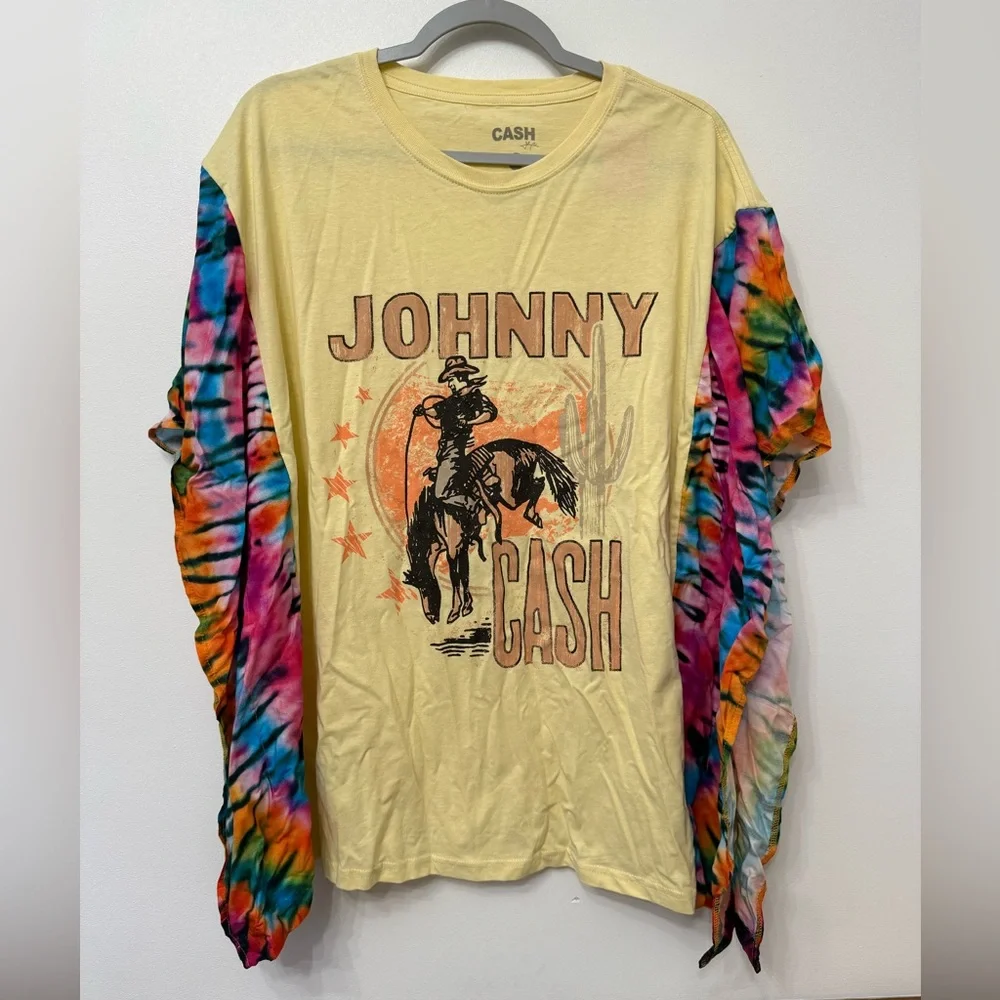Upcycled Johnny Cash Graphic T-Shirt with Tie-Dye Sleeves - Picture 1 of 4